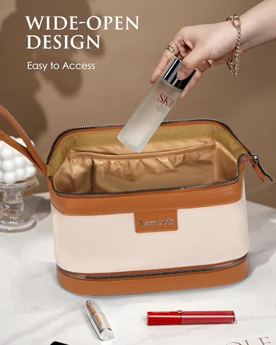 Double-Layer Toiletry Bag, Water-Resistant Hybrid Leather Cosmetic Organizer with Wet/Dry Compartments, 26x15x16cm (Ivory, Double layer) - color: Ivory