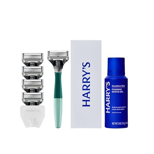 Harry's Original Shaving Kit for Men - Razor Handle, 5 Razor Blade Refills, Foaming Shave Gel, and Travel Blade Cover - TSA Approved Travel Essentials - German Engineered - Sage - style: Sage