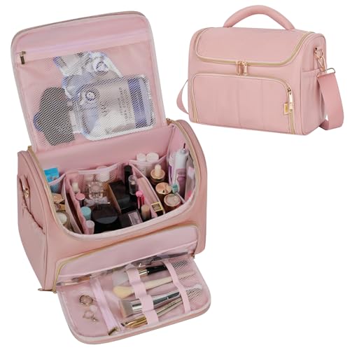 GR69N Travel Toiletry Bag Large Cosmetic Makeup Bag Organizer for Women,Wide-open Make Up Bag Waterproof Makeup Case Travel Bag with Handle and Dividers for Toiletries,Essentials,Accessories,Dark Pink - color: Dark Pink, size: Large