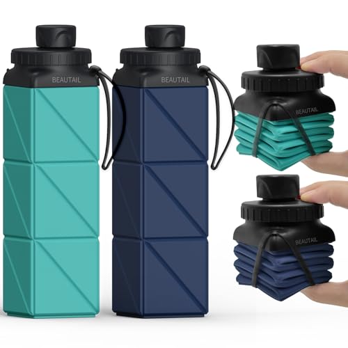 BEAUTAIL Collapsible Water Bottles 20.6oz, Silicone Foldable Portable Travel Water Bottle, Lightweight Reusable Leakproof for Traveling Camping Hiking Cycling Yoga Sports Outdoor - color: Type3 Blue+Darkblue