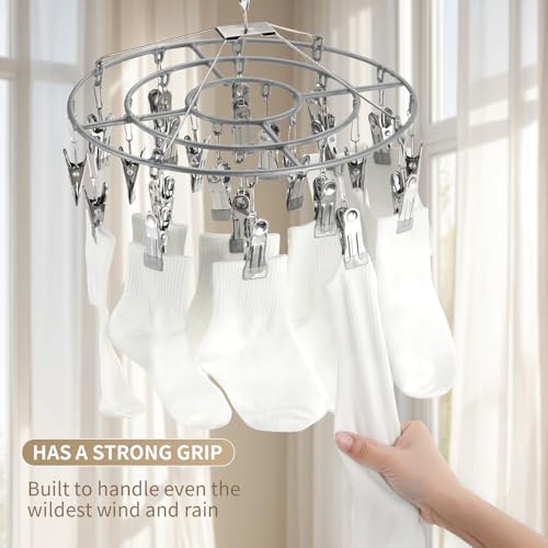 PHYDELU 2PCS Drying Rack Clothing with 24 Clips，Sock Hanger for Drying，Hanging Clothes Dryer Underwear Hangers Racks Laundry Socks Panty Wet Bra Lingerie Baby Delicates Foldable Small Indoor Metal - color: Gray (24 Clips) (2pcs)