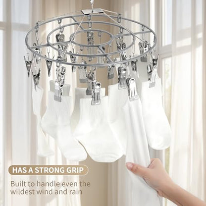 PHYDELU 2PCS Drying Rack Clothing with 24 Clips，Sock Hanger for Drying，Hanging Clothes Dryer Underwear Hangers Racks Laundry Socks Panty Wet Bra Lingerie Baby Delicates Foldable Small Indoor Metal - color: Gray (24 Clips) (2pcs)