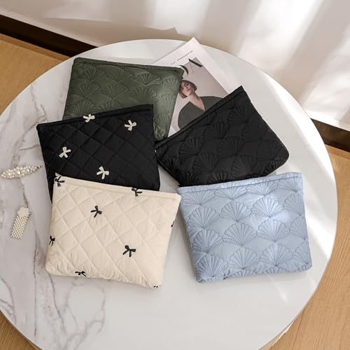 uekeboag White Quilted Cotton Makeup Pouch,Coquette Quilted Toiletry Bag for Women and Girls, Floral Coquette Organizer Bag, Aesthetic Travel Cosmetic Bags(LightBlue Shell) - color: LightBlue Shell
