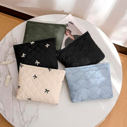 uekeboag White Quilted Cotton Makeup Pouch,Coquette Quilted Toiletry Bag for Women and Girls, Floral Coquette Organizer Bag, Aesthetic Travel Cosmetic Bags(LightBlue Shell) - color: LightBlue Shell