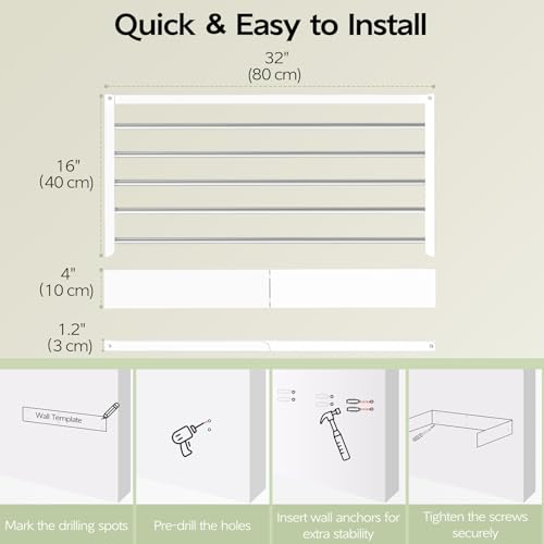 Vikaqi Wall Mounted Clothes Drying Rack 32", Foldable Wall Mount Laundry Rack Folding Indoor, Drying Rack Clothing Collapsible, Hidden Space Saver with Wall Template, 5 Rods, White - color: White, size: 32" Wide