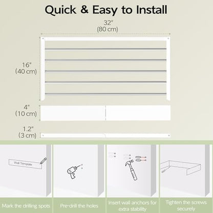 Vikaqi Wall Mounted Clothes Drying Rack 32", Foldable Wall Mount Laundry Rack Folding Indoor, Drying Rack Clothing Collapsible, Hidden Space Saver with Wall Template, 5 Rods, White - color: White, size: 32" Wide