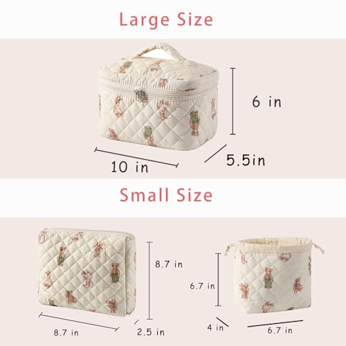 3pcs Large Cotton Quilted Makeup Bag Set,Coquette Aesthetic Cute Travel Toiletry Bag,Drawstring Gift Bag for Women and Girls(3Pcs White Bear) - color: 3Pcs White Bear
