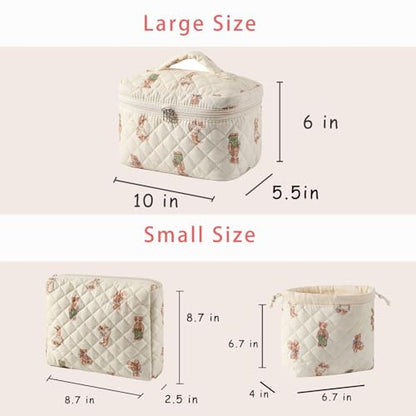 3pcs Large Cotton Quilted Makeup Bag Set,Coquette Aesthetic Cute Travel Toiletry Bag,Drawstring Gift Bag for Women and Girls(3Pcs White Bear) - color: 3Pcs White Bear