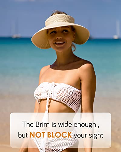 FURTALK Sun Hats for Women Wide Brim Beach Hat Straw Visor Ponytail Summer UV Packable Foldable Beach Vacation Essentials - color: Beige
