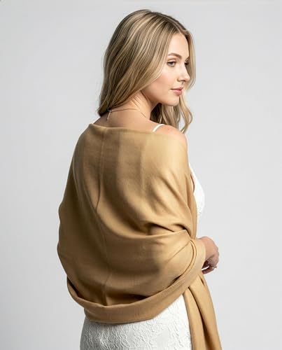 Achillea Lightweight Pashmina Scarf for Women – Soft Silky Shawl Wrap for Evening Dresses, Bridesmaids & Everyday Wear - color: Camel