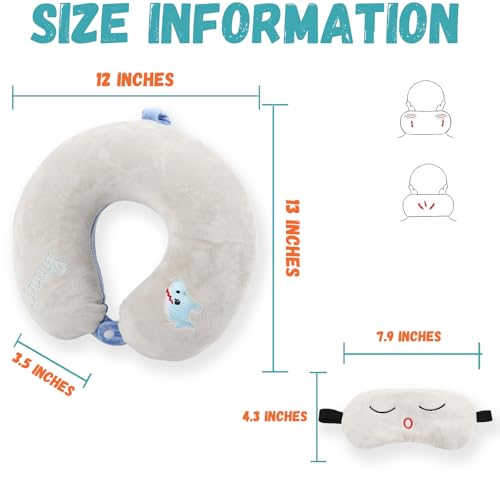 Kids Neck Pillow for Travel with Sleep Eye Mask, Cute Travel Neck Pillow, Memory Foam Flight Sleeping Headrest Pillow for Boys & Girls, Airplane, Train, Car, Home Use - Little Shark - color: Little Shark