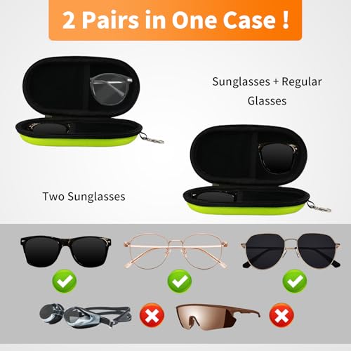 Double Eyeglasses Case, Hard Shell Dual Sunglasses Organizer with Zipper Clip Travel Glasses Storage for Women Men - color: Green