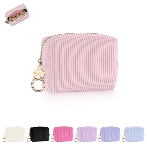 Mini Makeup Bag, Corduroy Small Cosmetic Bag for Purse with Ring Buckle, Portable Travel Makeup Pouch for Lipsticks, Chapsticks, Coin, Earphone, Credit Card (Pink) - color: Pink
