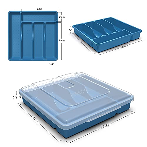 𝐅𝐥𝐚𝐭𝐰𝐚𝐫𝐞 𝐎𝐫𝐠𝐚𝐧𝐳𝐢𝐞𝐫 𝐰𝐢𝐭𝐡 𝐋𝐢𝐝, Plastic Silverware Tray for Drawer, 5 Compartments Utensil Holder for Countertop, Navy Blue - color: Navy Blue