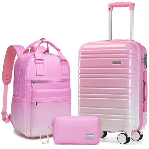 LARVENDER Carry on Luggage 22x14x9 Airline Approved Hardshell Suitcase with Wheels TSA Lock, PC+ABS Lightweight Suitcase Set for Women with Travel Backpack, Peach Sparkling, 3 Piece Set - color: Peach Sparkling-20BP, size: 3 Piece Set (Backpack/TB/20)