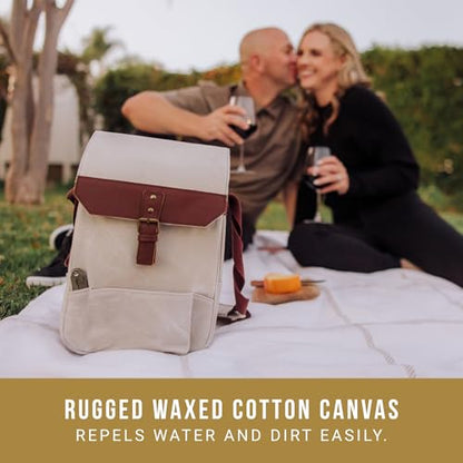 Picnic TIME 2 Bottle Insulated Wine Bag with Cheese Board and Knife Set, Wine Picnic Bag, Natural Waxed Canvas Wine Tote, (White) - color: White