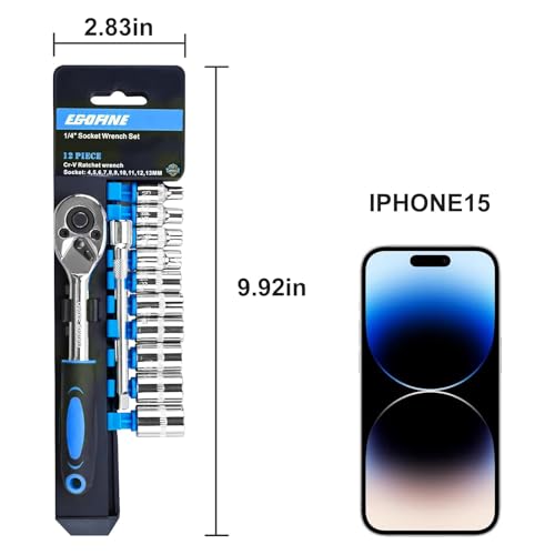 Egofine 12pcs 1/4 Inch Mini Ratchet Socket Wrench Set, Drive Socket Set with 10 Sockets (4-13mm) and 2 Way Quick Released Ratchet Handle and Extension Bar, Blue - size: 1/4, style: 12PC Blue Standard Socket Set