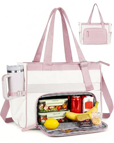 HOMESPON Lunch Bag, 24.5L Large Tote Bag for Women, Laptop Bag Fits 15.6" with Insulated Lunch Compartment & Shoulder Strap, Work Tote for Nurse, Teacher, Office, Commute, Travel, Beige-pink - color: Pink