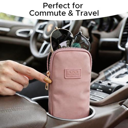 KINIVA Double Eyeglass Case for Men Women, 2-in-1 PU Dual Sunglasses Case, Scratch-Proof Travel Eyeglass Holder for Purse Car - style: Pink Matte