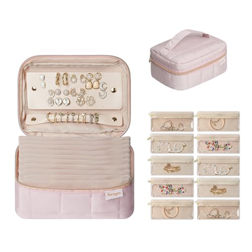 KarSyon Travel Jewelry Case Organizer Jewelry Box with 10 Velvet Pouches Mini Jewelry Organizers Storage for Girls/Women Small Cute Puffer Bags for Earrings,Rings,Necklaces,Bracelets (Pink, Large) - color: Pink, size: Large