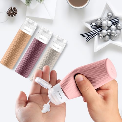 Travel Bottles for Toiletries, TSA Approved 3.4oz Travel Size Containers, BPA Free Leak Proof Silicone Traveling Bottles, Refillable Travel Essentials Kits for Shampoo Conditioner(4 Pack)-B - color: SmokeViolet,Nude,SandPink,Starlight
