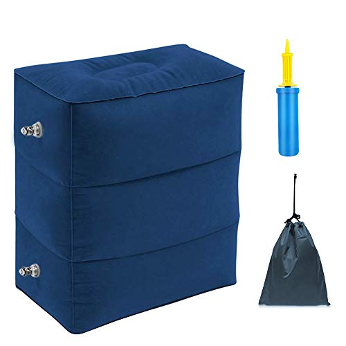 Travel Foot Rest Pillow, Portable Inflatable with Double Hand Pump Adjustable Three Layers Height Pillow for Foot Rest on Airplanes,Cars,Buses,Trains,Office Kids to Sleep on Long Flights (Blue) - color: Blue