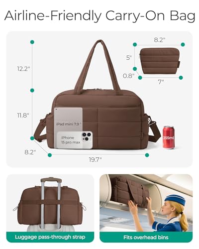 BAGSMART Gym Bag for Women, Lightweight Puffer Duffle Bag 2-PC Travel Bag, 31L Weekender Overnight Bag Quilted Carry On Tote Bag, Diaper Hospital Dance bag for Travel, Gym, Water Resistant - color: Coffee Brown
