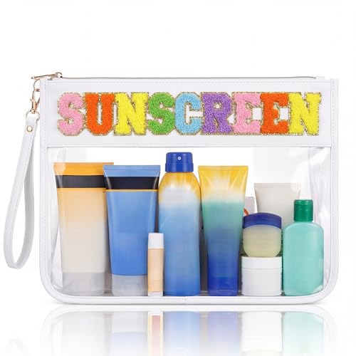 Large Sunscreen Bag, Waterproof PVC Chenille Letter Makeup Pouch Container Zipper Portable Organizer for Full Size Sun Protection Essentials, Summer Beach Travel Gift, 15.75 x 12.20 Inch - color: White