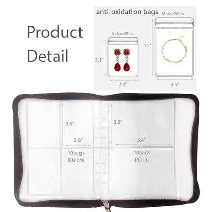Transparent Jewelry Storage Travel Organizer Book for Necklace, Bracelet, Ring - Holder With Small Clear Pouch - Green - color: Green - 80pcs S Pouches, 40pcs L Pouches