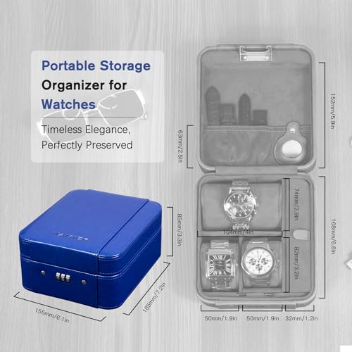 KAMIER Watch Case with Combination Lock - 4 Watch Storage and Jewelry Organizer - Watch Travel Case for Ring and Watch Storage, PU Leather Travel Watch Case, Ideal for Gift (With Gift Box),Blue - color: Blue