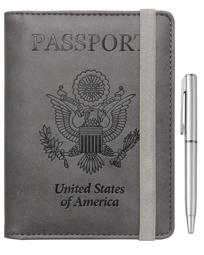 WALNEW Passport Holder for Travel, RFID Passport Cover Wallet for Women Men, PU Leather Passport Book Card Holder Case with Pen, Travelling Essentials for Flying - color: A-Gray, style: Elastic Band Closure