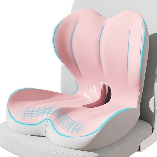 Seat Cushion for Office Chair and Car, Lumbar Support Pillow for Office Chair, Memory Foam Ergonomic Seat Cushion for Long Sitting, Back & Tailbone Pain, Sciatica - Pink & Gray - color: Pink Gray