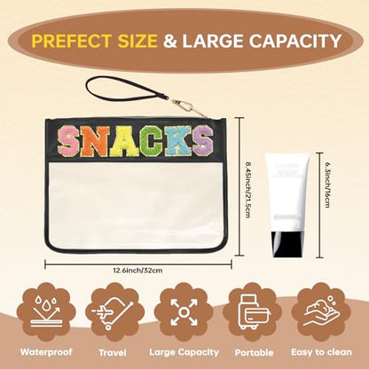 Snacks Bag Clear Chenille Varsity Letter Zipper Pouch Travel Makeup Bag Aesthetic Storage Organizer Pouches for Women with Glitter Patch Letters (Black-Snacks) - color: HS-SNACKS