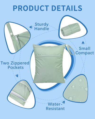 babygoal Wet Dry Bags for Baby Cloth Diapers 3 Pack, Washable Travel Bags, Beach, Pool, Gym Bag for Swimsuits & Wet Clothes with Two Pockets, Snap Handle 3LN32 - color: Olive and bean green & lake blue