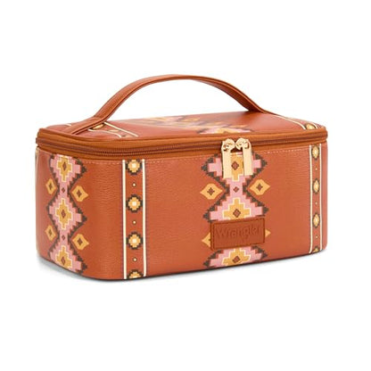 Montana West X Wrangler Travel Makeup Bag 2pcs Set Large Cosmetic Bag with Makeup Brush Holder Portable Make Up Organizer Cute Toiletry Bag with Divider and Handle for Women Aztec - color: Aztec-Brown