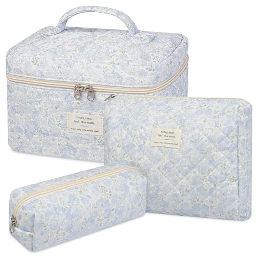 senbowe Floral Makeup Bag, 3 Pack Large Cotton Quilted Makeup Bag Set, Cute Floral Coquette Aesthetic Toiletry Bag Make Up Cosmetic Bag for Women, Toiletry Travel Make Up Organizer Bag - color: Light Blue Flower