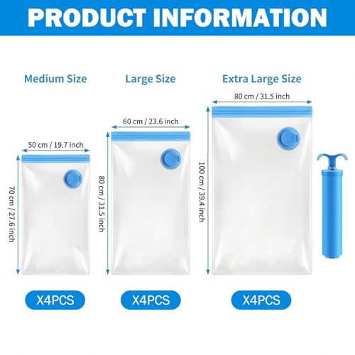 12Pcs Vacuum Travel Bags with Pump, Space Saver Bags for Clothes, Bedding & Travel, 4 Medium/Large/Extra Large Compression Bag Space Saver
