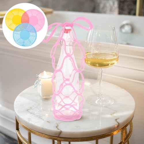 3 Pcs Silicone Wine Bottle Carrier Bag, 6.88 Inch Collapsible Drink Holder Coaster, Multi Use Portable Mesh Tote for Travel Picnic Home