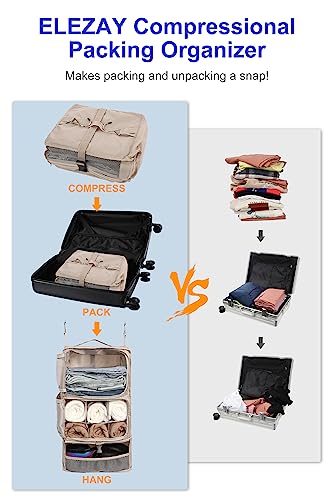 ELEZAY Hanging Packing Cubes Portable Closet 3-Shelf Travel Collapsible Compression Garment Organizer for Carry-on Luggage Suitcase Space Saver Bag X-Large_No Side Pockets, Beige - color: Beige, size: X-Large_12*10*24 IN