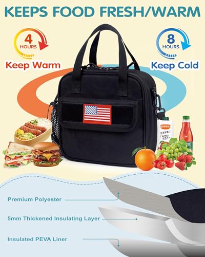 Tactical-style Lunch Bag 5L Kids Lunch Bag with Adjustable Shoulder Strap Easy to Clean Leakproof Wipeable liner Toddler Lunch Box Bag for Boys Girls School and Daycare - color: Black
