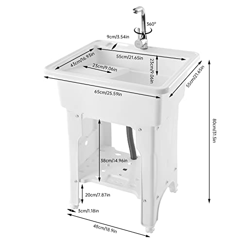 Laundry Sink, Freestanding Plastic Laundry Sink With Washboard Utility Sink Laundry Tub Indoor and Outdoor Utility Sink with Faucet Hoses Drain Kit for Laundry Room Washing Room Garden Garage - color: 25.6*21.65*31.5in -White