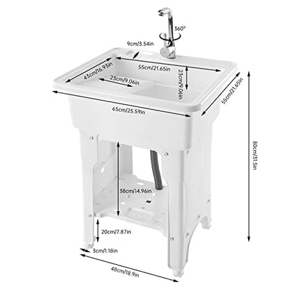 Laundry Sink, Freestanding Plastic Laundry Sink With Washboard Utility Sink Laundry Tub Indoor and Outdoor Utility Sink with Faucet Hoses Drain Kit for Laundry Room Washing Room Garden Garage - color: 25.6*21.65*31.5in -White