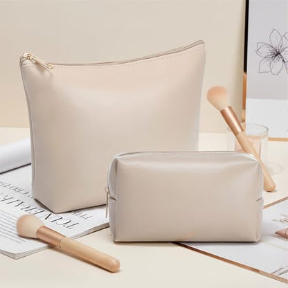 Kigeli 2 Pcs PU Leather Makeup Bag Set for Women Waterproof Aesthetic Cosmetic Bag Large & Small Travel Toiletry Organizer Pouch Skincare Organizer Bridesmaid Mother's Day Birthday Gift(Nude) - color: Nude