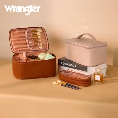 Montana West X Wrangler Travel Makeup Bag 2pcs Set Large Cosmetic Bag with Makeup Brush Holder Portable Make Up Organizer Cute Toiletry Bag with Divider and Handle for Women - color: Light Brown