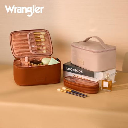 Montana West X Wrangler Travel Makeup Bag 2pcs Set Large Cosmetic Bag with Makeup Brush Holder Portable Make Up Organizer Cute Toiletry Bag with Divider and Handle for Women - color: Light Brown