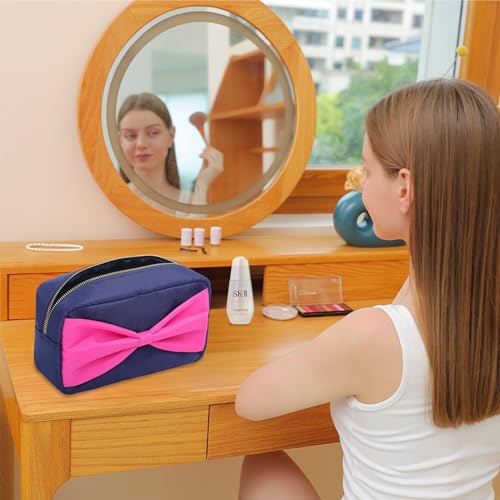 Small Makeup Bag for Women Fashion Travel Cosmetic Pouch Mini Toiletry Kit Bag with Bow (M,NavyBlue-Bow) - color: NavyBlue-Bow, size: M