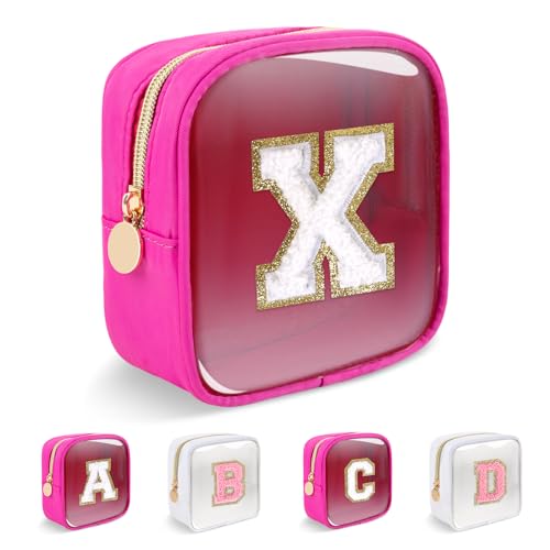 Personalized Initial Letter Clear Preppy Makeup Bag,Mini Nylon Chenille Letter Cosmetic Bag Cute Zipper Pouch Coin Purse for Teen Girls,Portable TSA Approved Travel Essentials Bag Gift for Women,X - color: Mini-Hot Pink, size: X