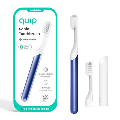 Quip Sonic Toothbrush for Adults with Timer - Includes Extra Brush Head and Travel Cover Mount - Electric, Soft Bristle Refill Head, Metal Handle, 3 Month Battery Life - Travel Toothbrush - Indigo - color: Indigo