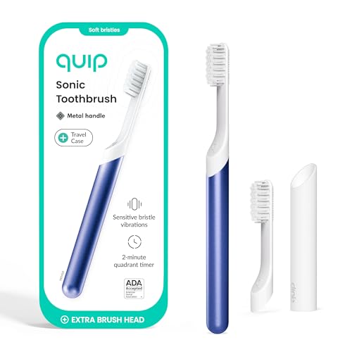 Quip Sonic Toothbrush for Adults with Timer - Includes Extra Brush Head and Travel Cover Mount - Electric, Soft Bristle Refill Head, Metal Handle, 3 Month Battery Life - Travel Toothbrush - Indigo - color: Indigo