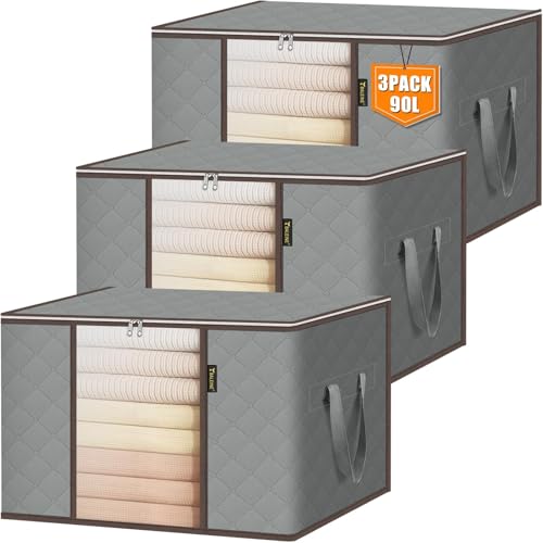 BALEINE 3 Pack Clothes Storage Bags, 24 Gallon Storage Containers with Reinforced Handle, Sturdy Zipper, Closet Organizer for Blanket, Comforter, Pillow, Bedding (Grey, 3 Pack) - color: Grey, size: 3 Pack-24 Gallon
